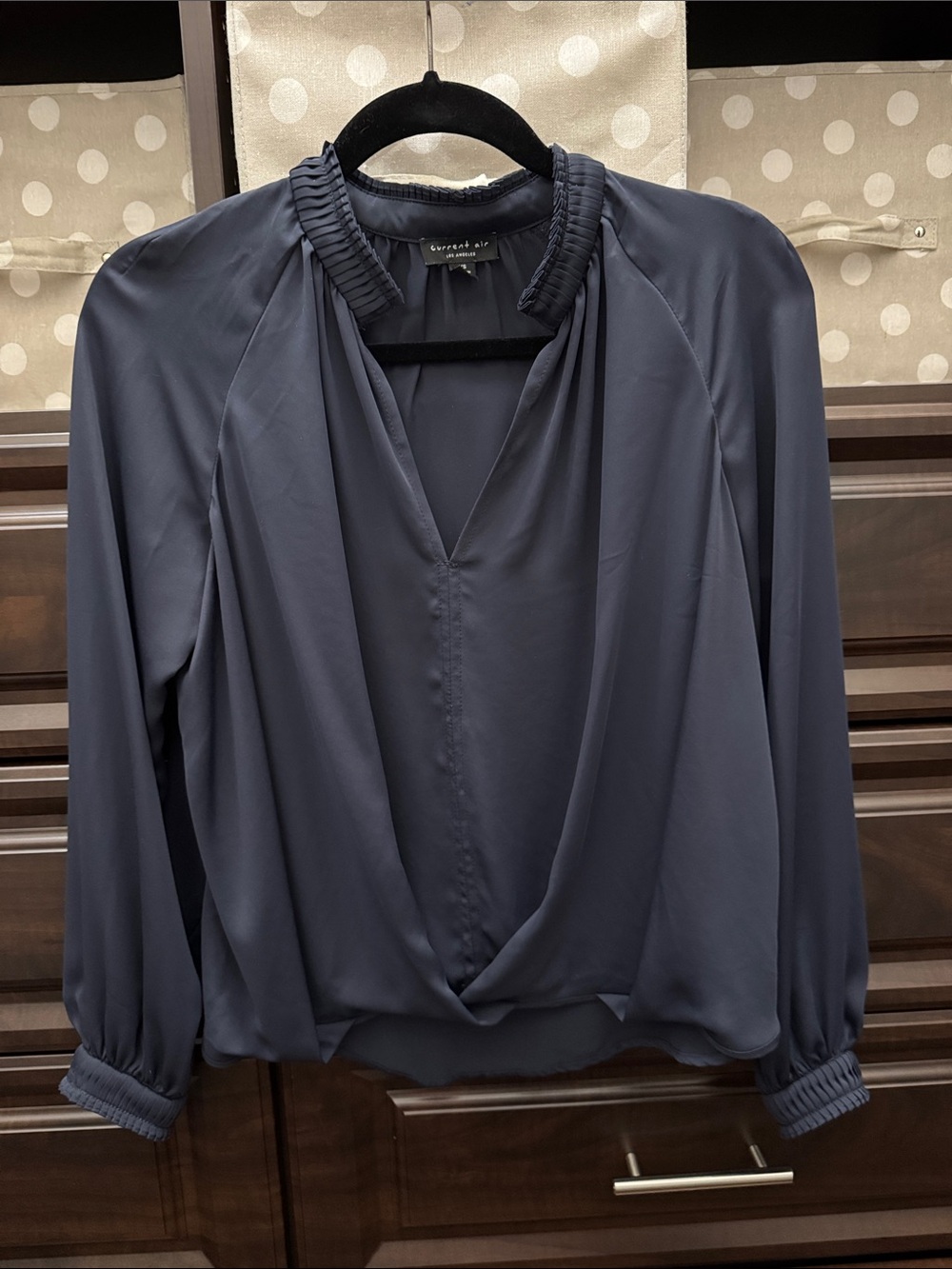 Current Air Navy Long-Sleeve Draped V-Neck Blouse